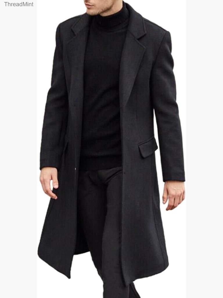 Men's Notched Collar Slim Fit Long Trench Coat Single Breasted Pea Overcoat